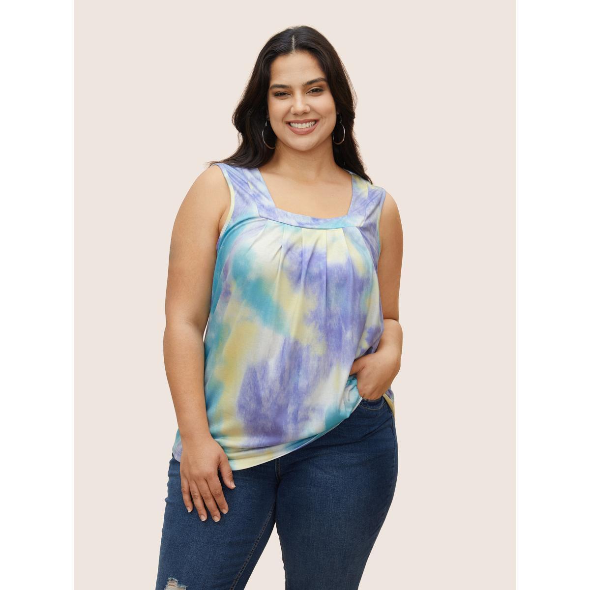 Plus Size Tie Dye U Neck Pleated Tank Top Women Multicolor Casual Contrast U-neck Everyday Tank Tops Camis BloomChic 22-24/3X Product Image