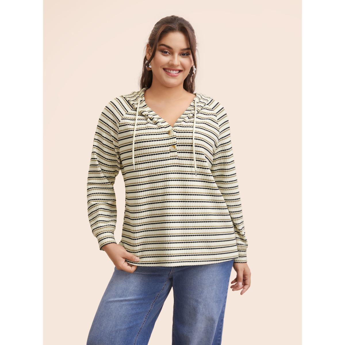 Plus Size Striped Texture Raglan Sleeve Hooded T-shirt Multicolor Women Casual Texture Hooded Everyday T-shirts BloomChic 26/4X Product Image