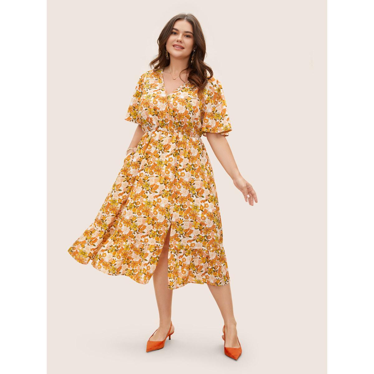 Plus Size Overlap Collar Floral Elastic Waist Midi Dress Multicolor Women Elegant Non Overlap Collar Short sleeve Curvy BloomChic 12/L Product Image