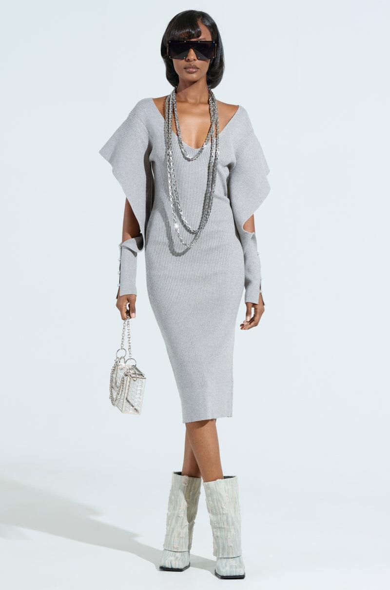 OFF TO BRUNCH KNIT MIDI DRESS IN HEATHER GREY Product Image