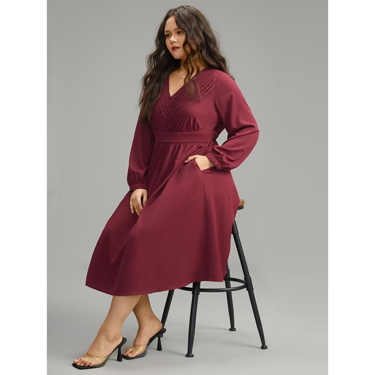 Plus Size Twill Pleated Beaded Long Sleeve Dress DarkBlue Women Elegant Plain V-neck Long Sleeve Curvy Midi Dress BloomChic 22-24/3X Product Image