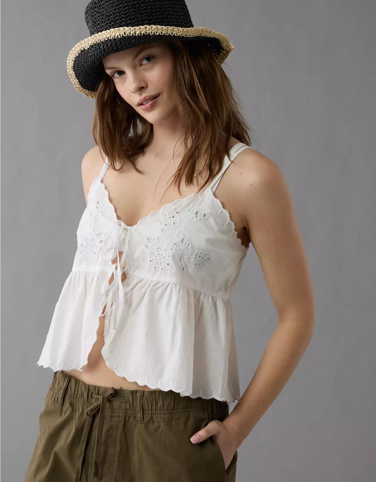 AE Tie Front Embroidered Tank Top Product Image