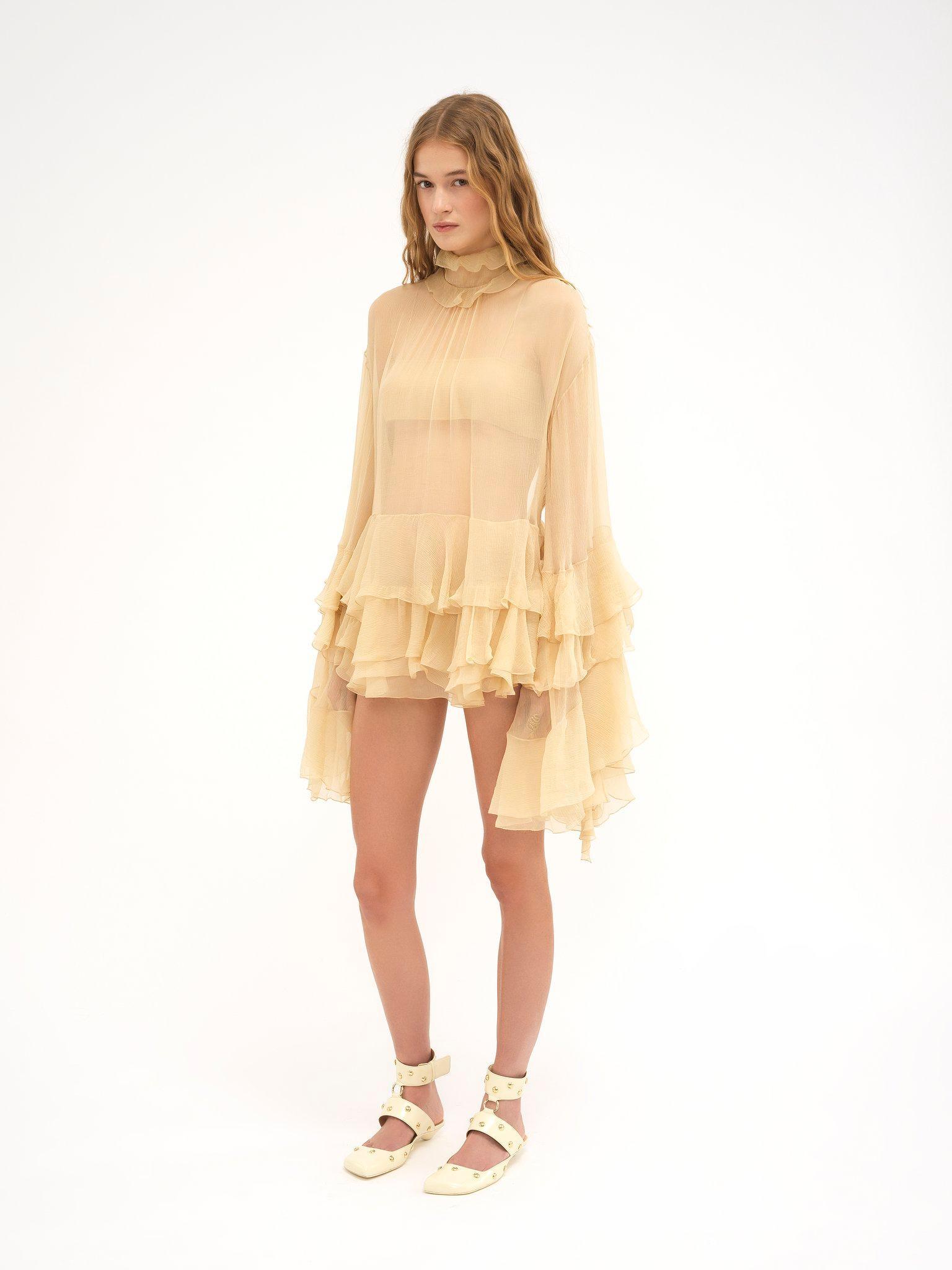 Ruffled mini dress in silk mousseline Product Image