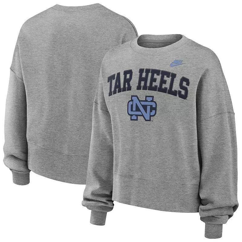 Womens Nike Heather Gray North Carolina Tar Heels Legacy Fleece Classic Arch Oversized Cropped Tackle Twill Sweatshirt Product Image