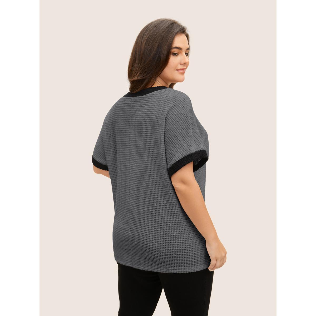 Plus Size V Neck Contrast Button Detail Knit T-shirt DimGray Women Casual Texture V-neck Everyday T-shirts BloomChic 14-16/1X Product Image