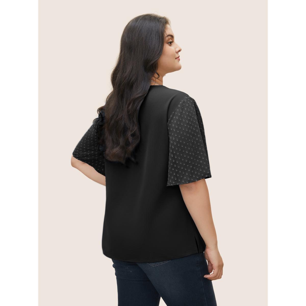 Plus Size Black Patchwork Chiffon Asymmetrical Neck Button Detail Blouse Women At the Office Half Sleeve Asymmetrical Neck Work Blouses BloomChic 30/6X Product Image