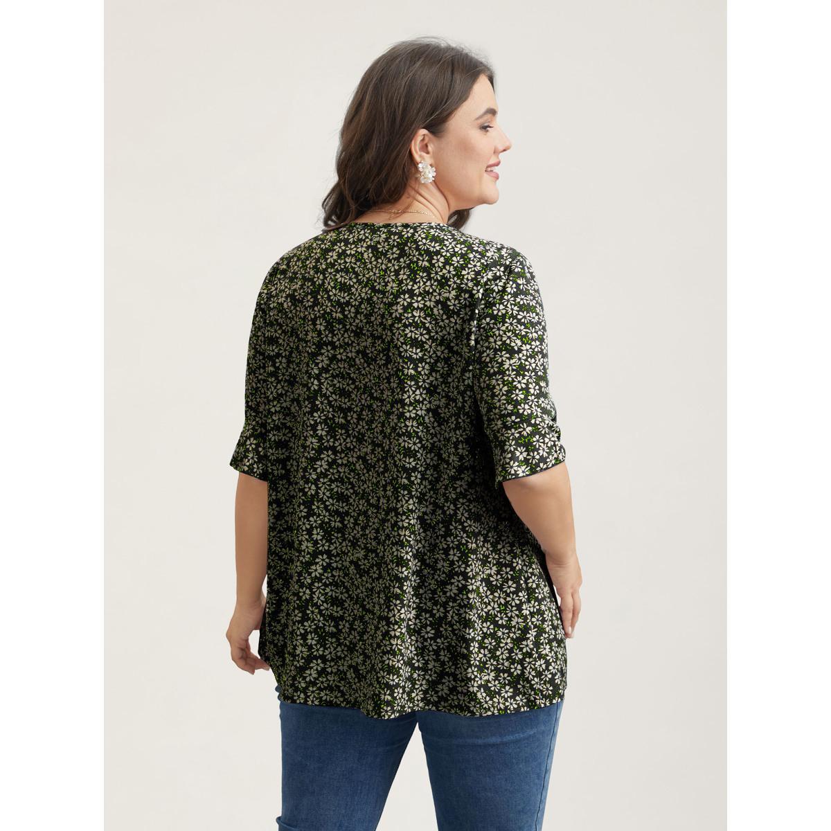Plus Size Black Ditsy Floral Pleated Flared Sleeve Shirt Women Timeless Half Sleeve V-neck Elegant Blouses BloomChic 14-16/1X Product Image