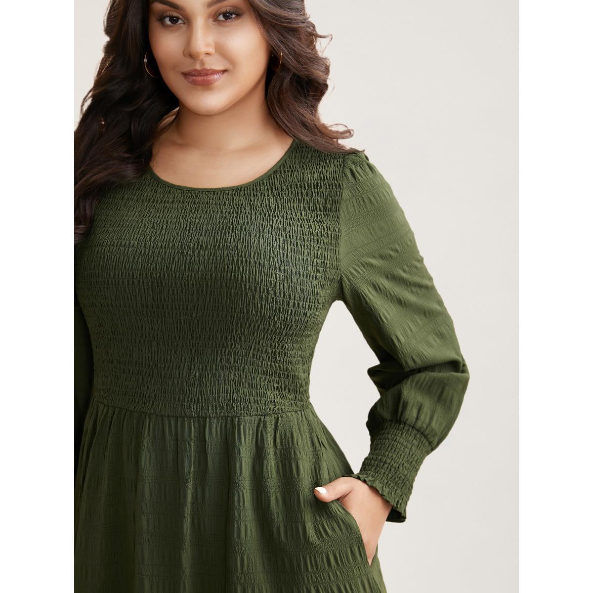 Plus Size Plain Textured Shirred Midi Dress Moss Women Timeless Texture Round Neck Long Sleeve Curvy BloomChic 30/6X Product Image
