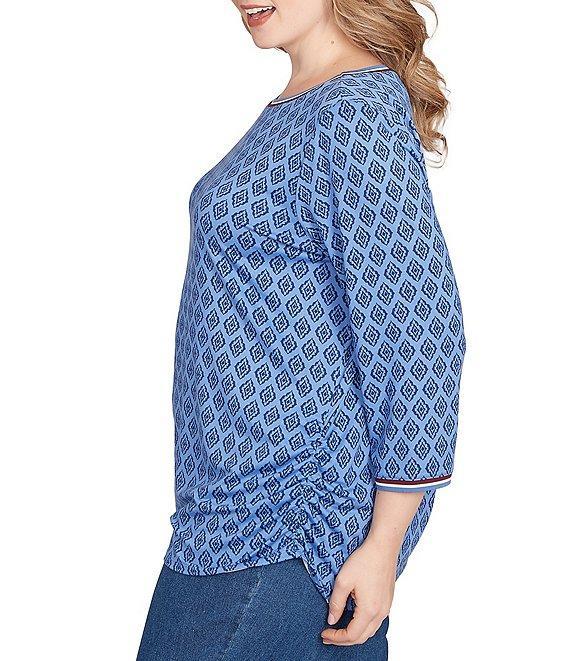 Ruby Rd. Plus Size Soft Stretch Jersey Printed Crew Neck 3/4 Sleeve Stripe-Tipped Trim Side Ruched Top Product Image