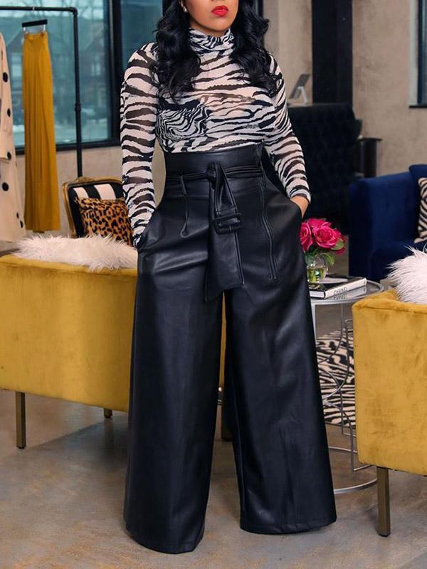 High Waisted Wide Leg Belted Solid Color Zipper Pants Trousers Product Image