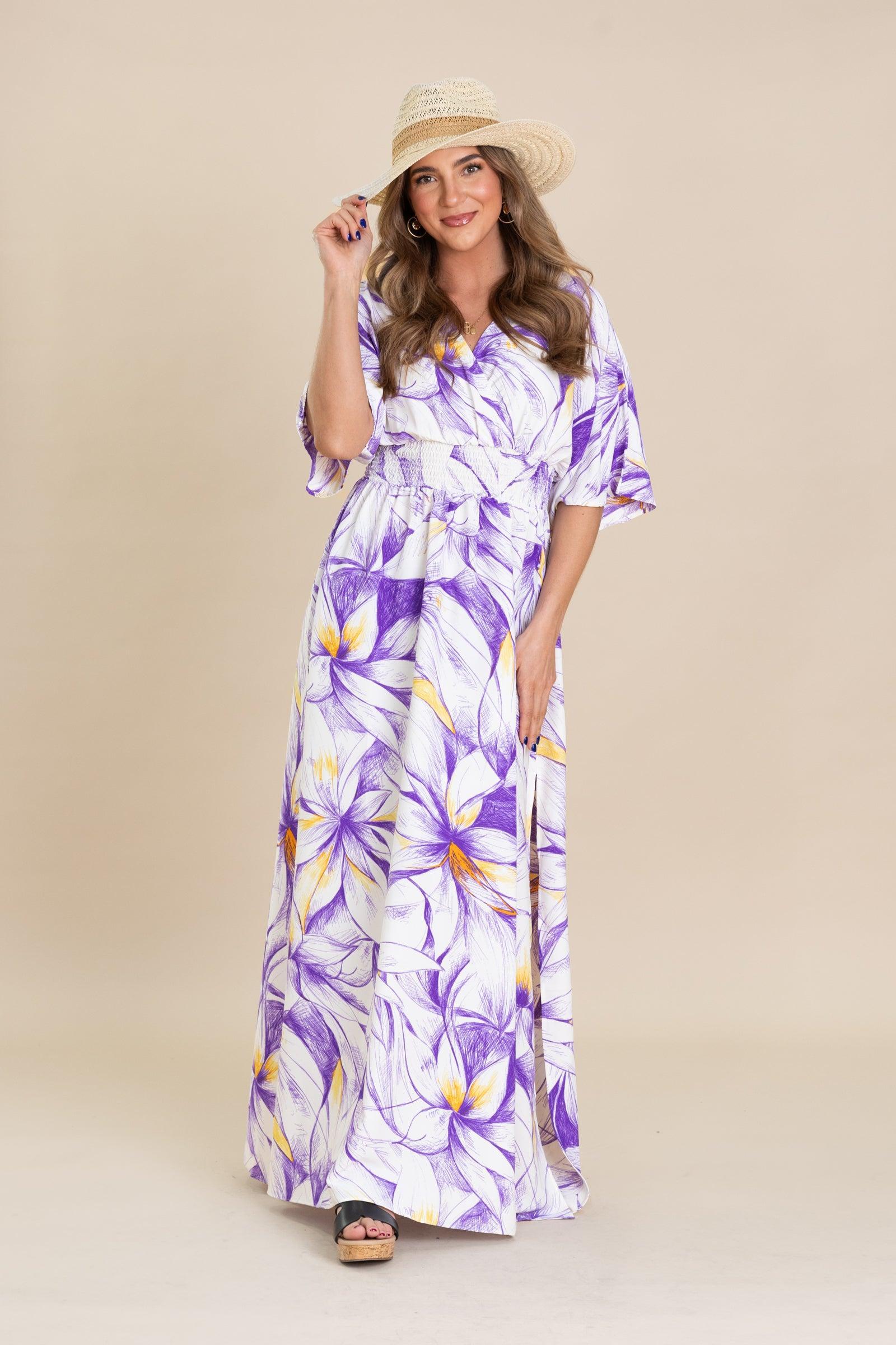 Purple And Off White Floral Print Maxi Dress Product Image