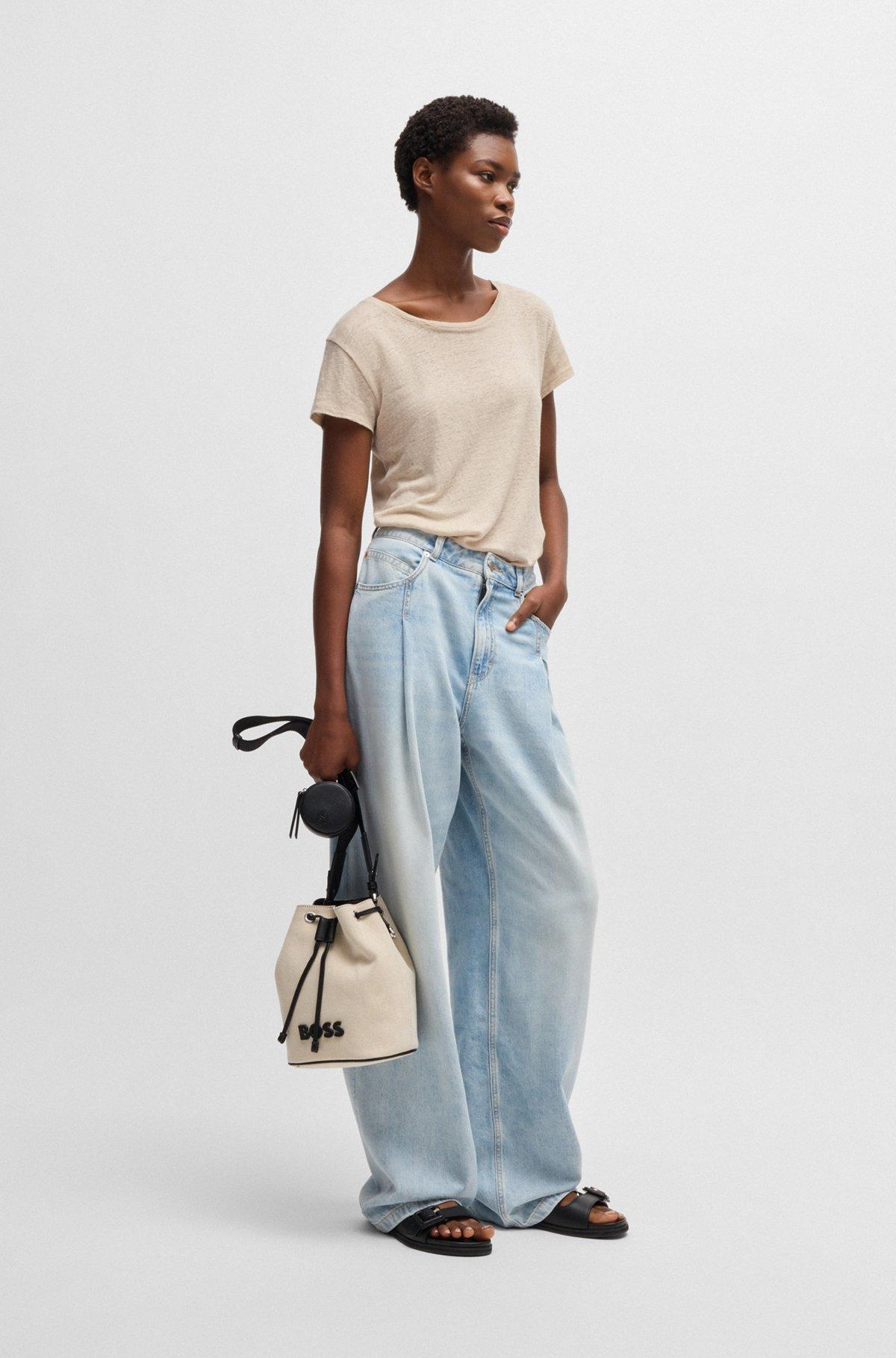 Scoop-neck linen T-shirt with gathered back Product Image