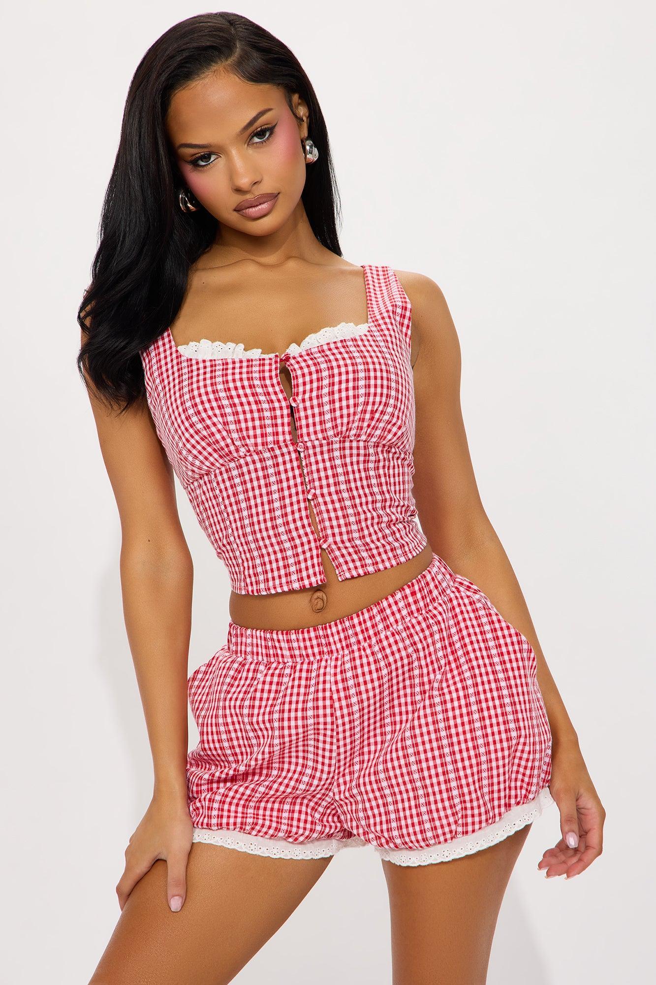 Gia Gingham Bubble Hem Short Set - Red/combo Product Image