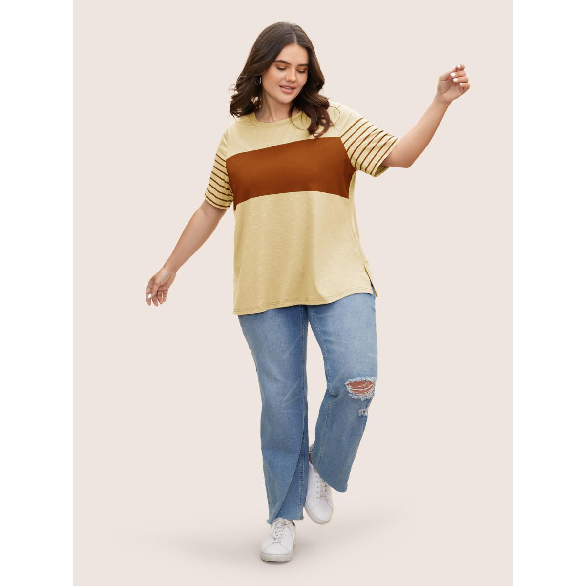 Plus Size Crew Neck Striped Patchwork Contrast T-shirt Beige Women Casual Contrast Art&design Round Neck Everyday T-shirts BloomChic 14-16/1X Product Image