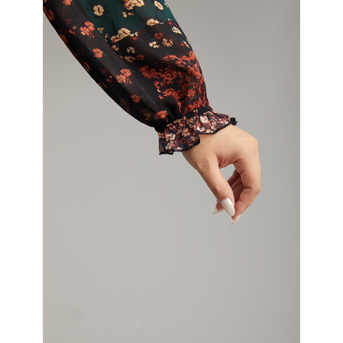 Plus Size BlackFlower Ditsy Floral Shirred Patchwork Frill Trim Gathered Blouse Women Elegant Long Sleeve Stand-up collar Everyday Blouses BloomChic 10/M Product Image