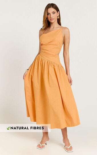 Ebony Midi Dress - Asymmetrical Cut Out Dress in Orange Product Image