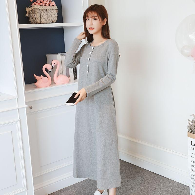 Maternity Long-Sleeve Crew Neck Plain Half-Buttoned Midi A-Line Dress Product Image