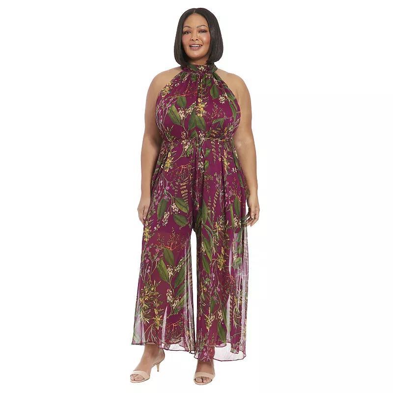 Plus Size London Times Ruched Collar Halter Neck Wide Leg Jumpsuit, Womens Product Image