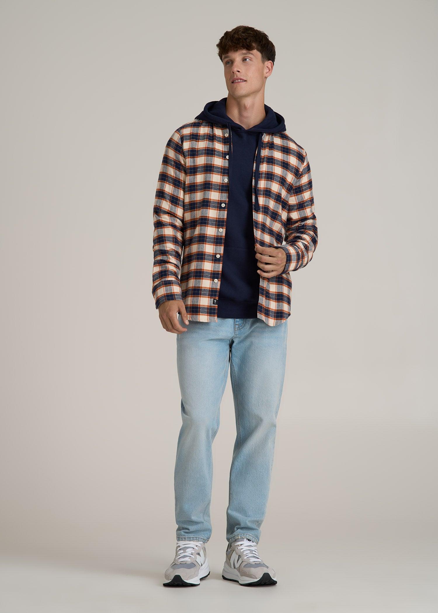Midweight Brushed Flannel Button Shirt for Tall Men in Blue and Orange Plaid Male Product Image