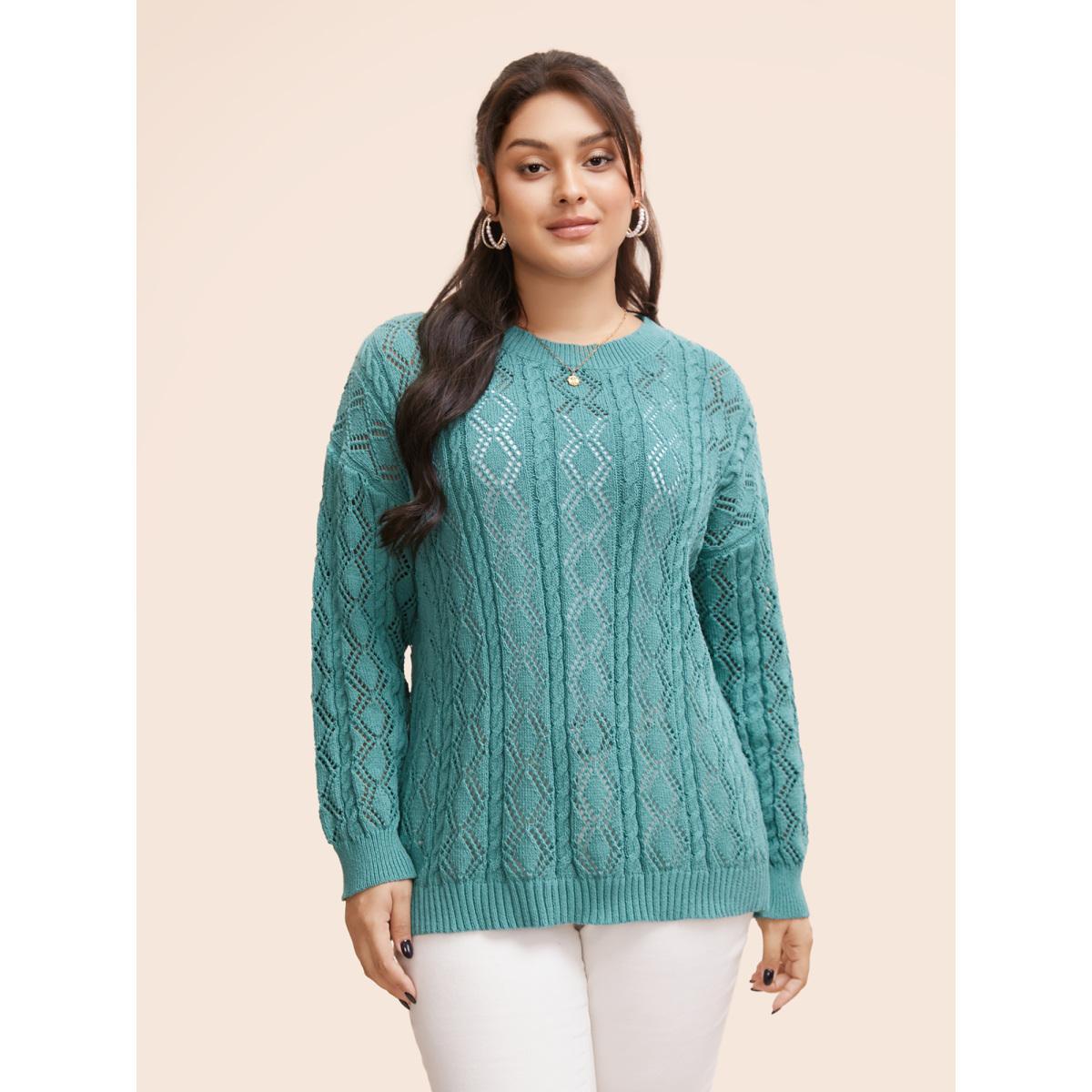 Plus Size Texture Cut Out Drop Shoulder Pullover Teal Women Casual Loose Three Quater Length Sleeve Round Neck Everyday Pullovers BloomChic 22-24/3X Product Image