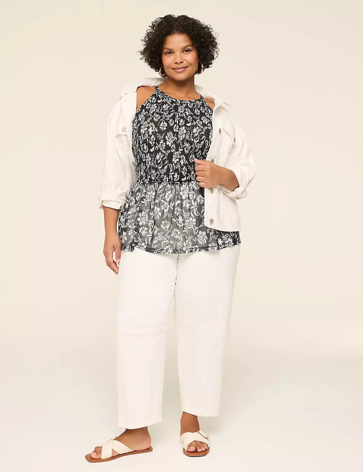 Mesh Halter-Neck Smocked Peplum Top Product Image