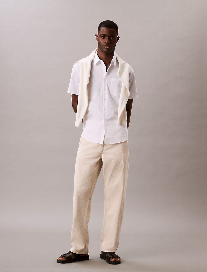 Calvin Klein Mens Solid Seersucker Classic Button-Down Shirt - White Product Image