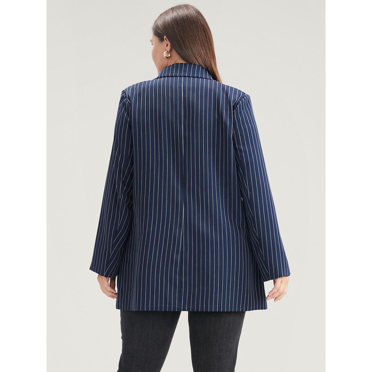 Plus Size Striped Suit Collar Flap Pocket Button Up Blazer Without Belt DarkBlue Women Work Striped Pocket Sleeve Long Sleeve Suit Collar 22-24/3X Pocket Office Blazers BloomChic Product Image
