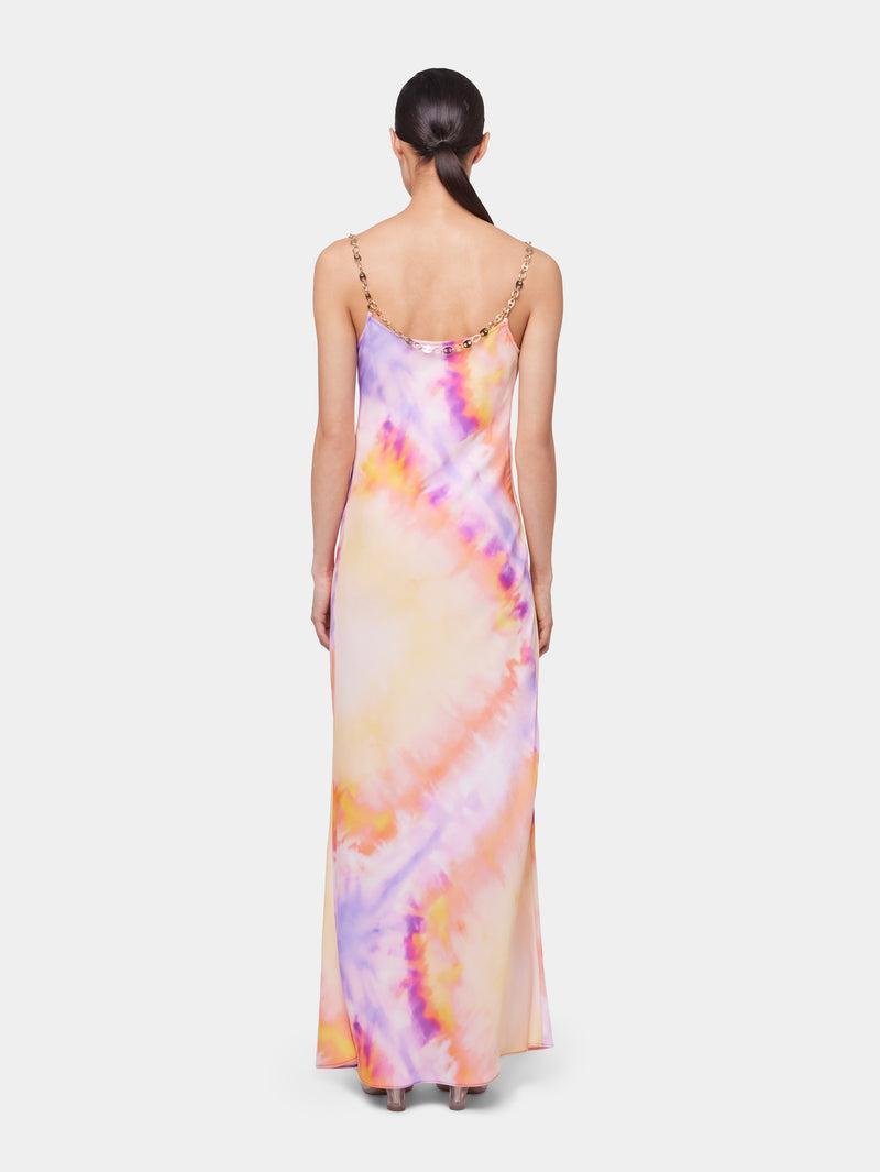 ORANGE TIE-DYE LONG DRESS IN PRINTED SATIN Product Image