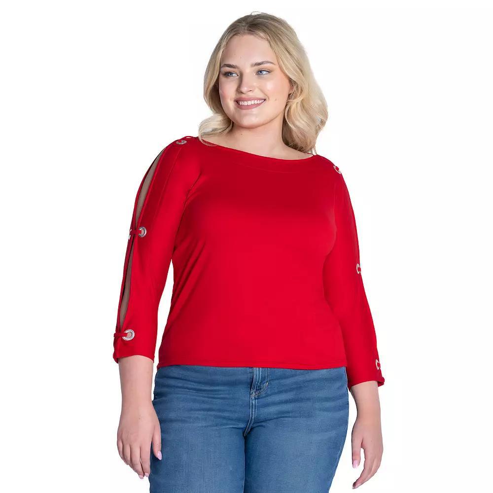 Plus Size 24Seven Comfort Apparel Boatneck 3/4-Sleeve Grommet Detailed Top, Women's, Size: 3XL, Red Product Image