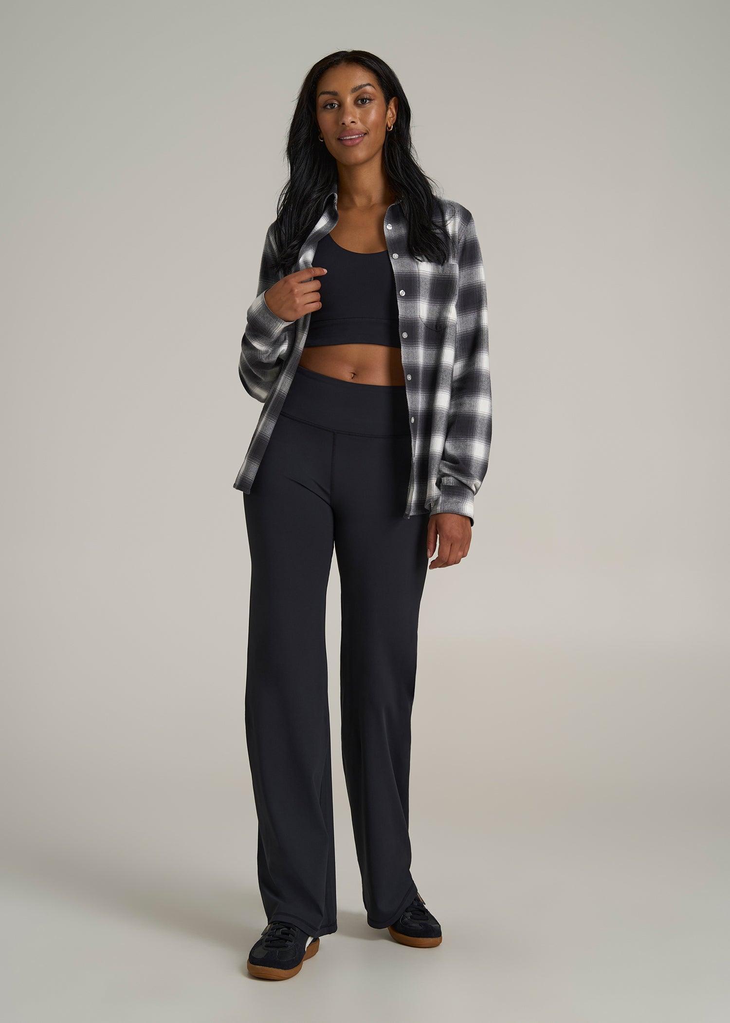 Flannel Button-Up Shirt for Tall Women in Grey and White Plaid Product Image