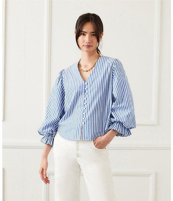Karen Kane Cotton Stripe V-Neck 3/4 Puff Sleeve Button Front Blouse Product Image