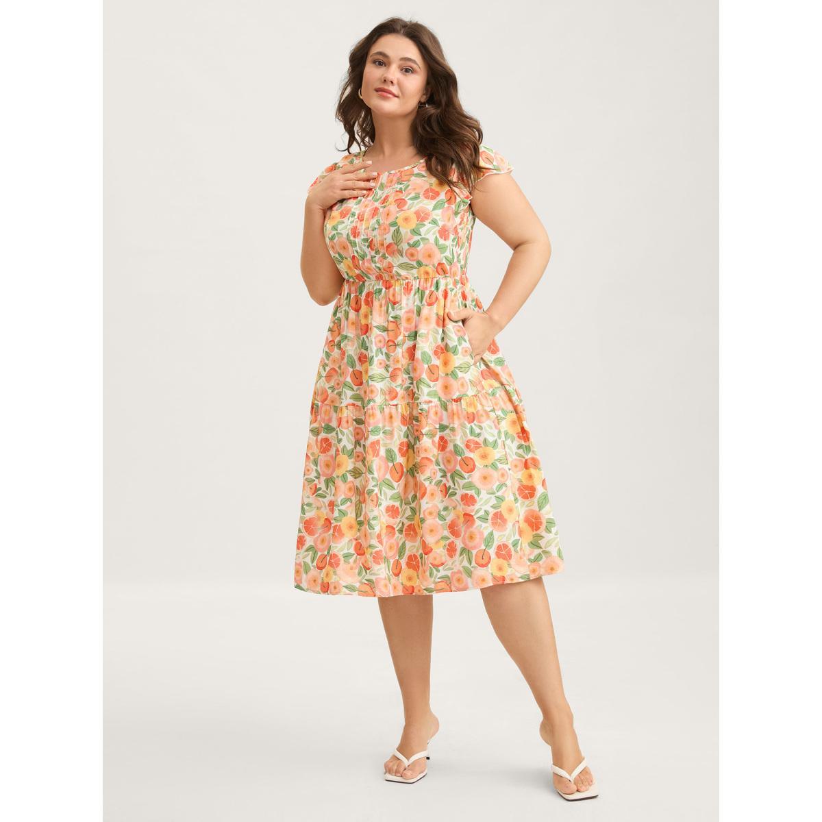 Plus Size Citrus Print Pleated Flutter Sleeve Midi Dress Multicolor Women Round Neck Cap Sleeve Curvy BloomChic 18-20/2X Product Image