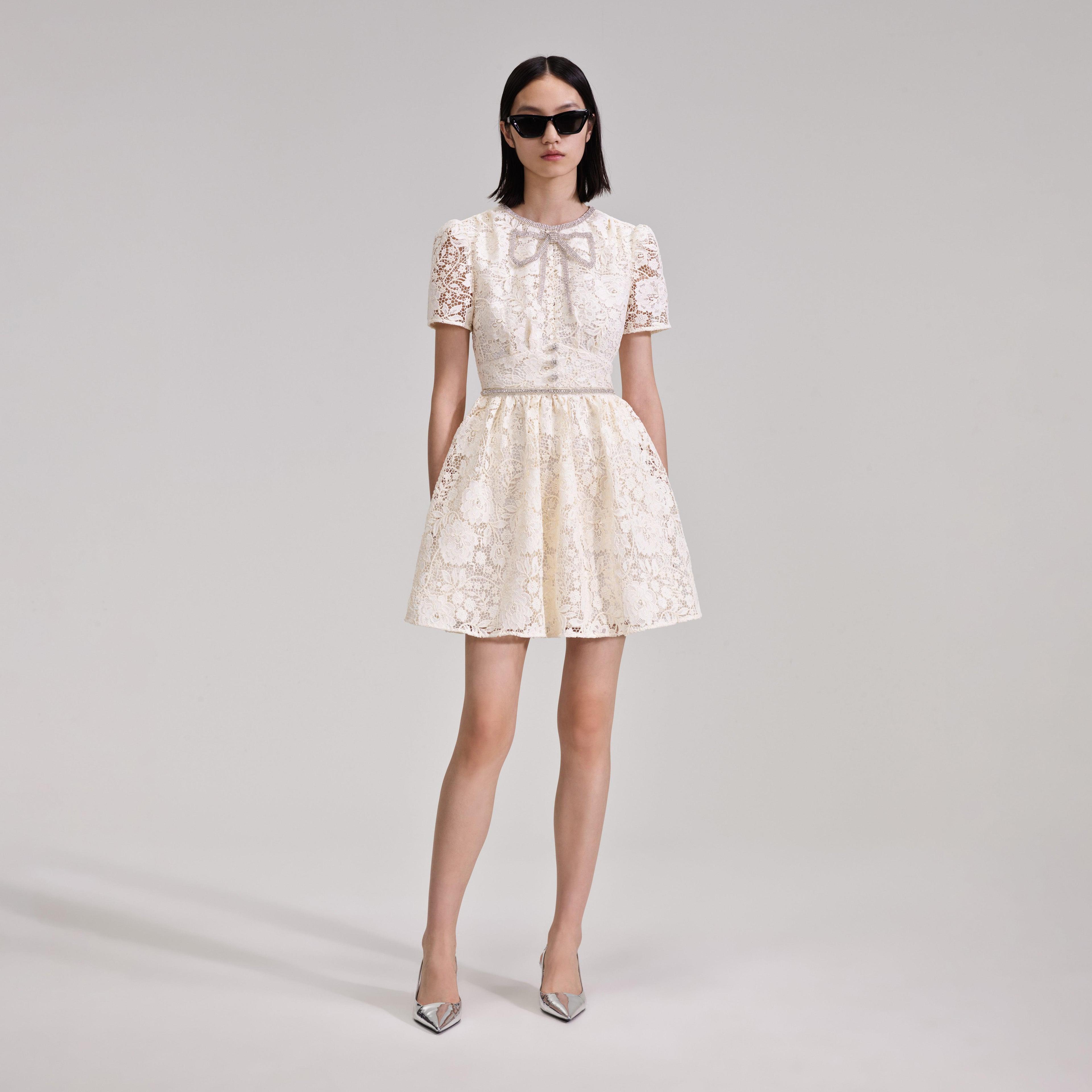 Cream Cord Lace Bow Mini Dress Product Image