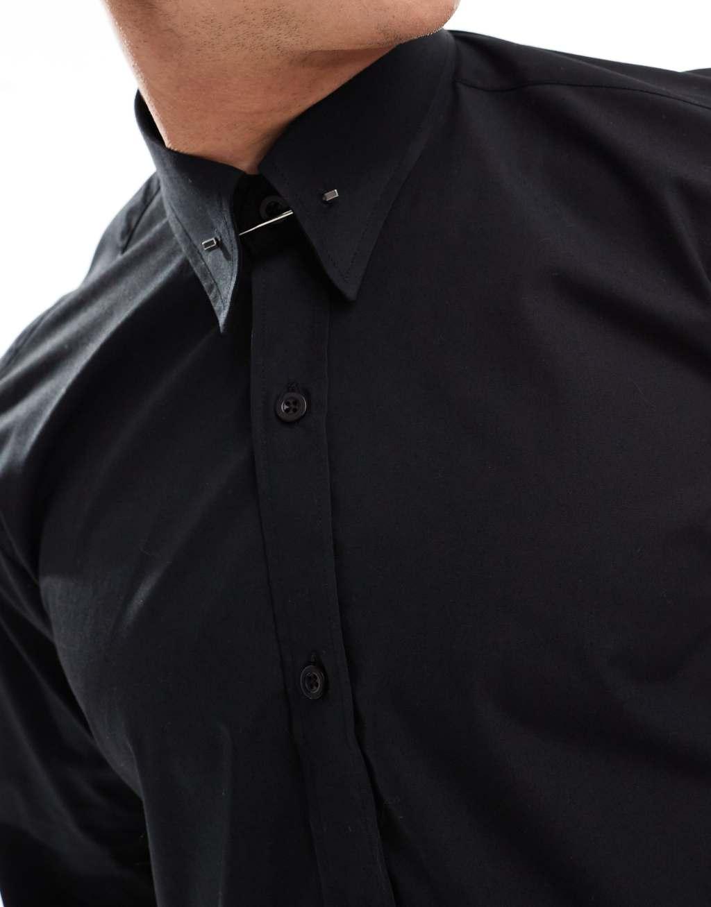 Shelby and Sons roslin smart shirt in black with collar bar detail Product Image