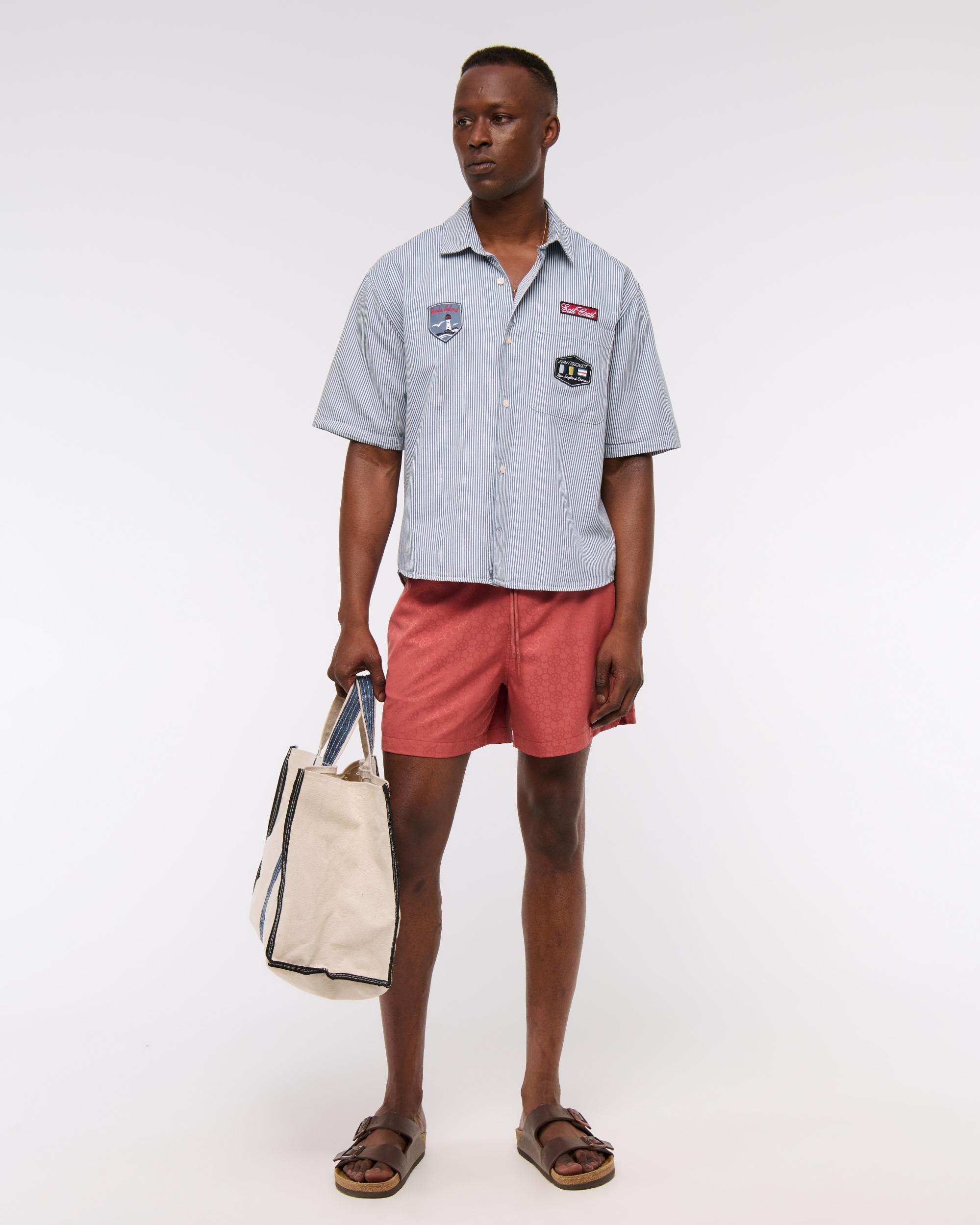 Short-Sleeve Cropped Graphic Workwear Button-Up Shirt Product Image