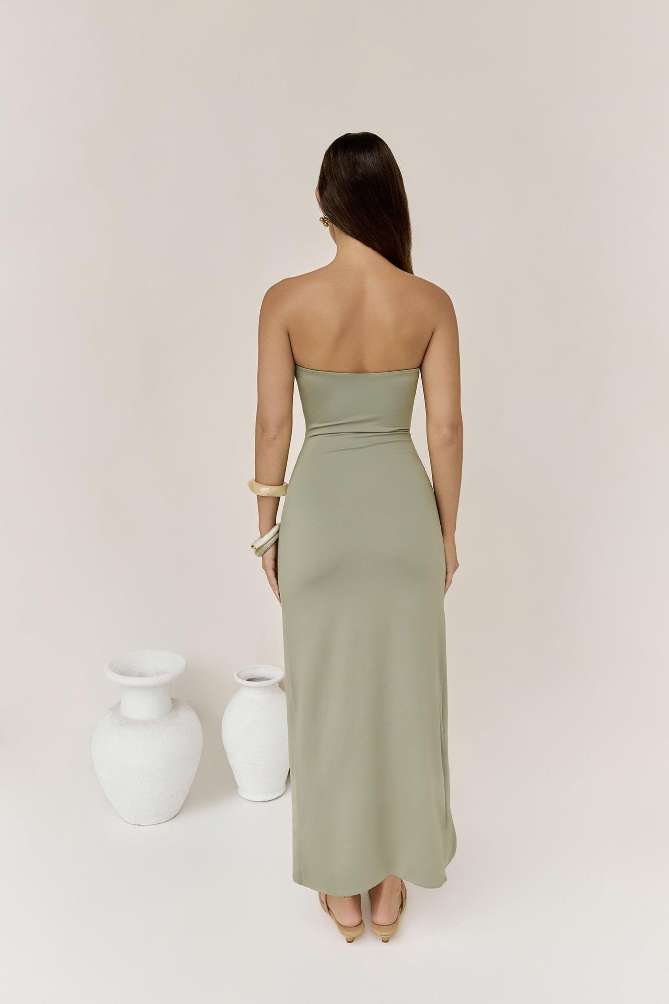 Heading Out Strapless Midi Dress Olive Product Image