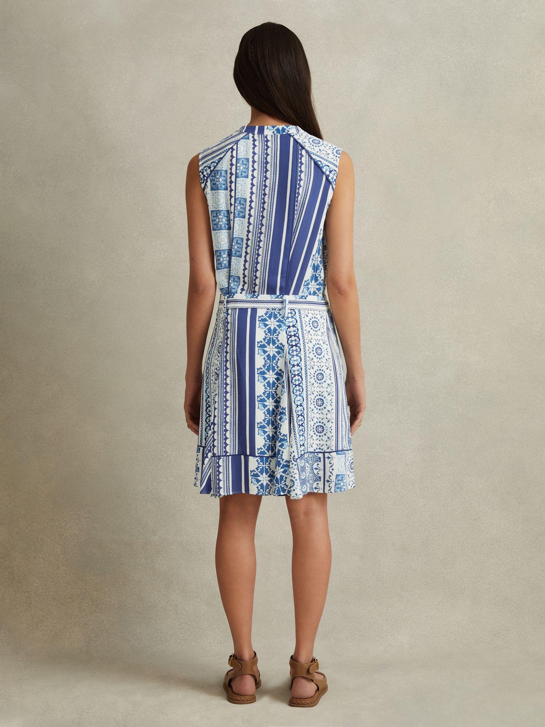 Tile Print Belted Mini Dress in Blue Product Image