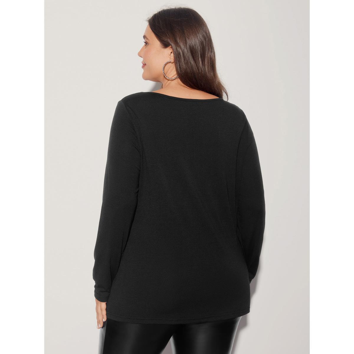 Plus Size Sequin Stretchy Long Sleeve T-shirt Black Women Timeless Rhinestone detailing Heart neckline Elegant T-shirts BloomChic 22-24/3X Product Image