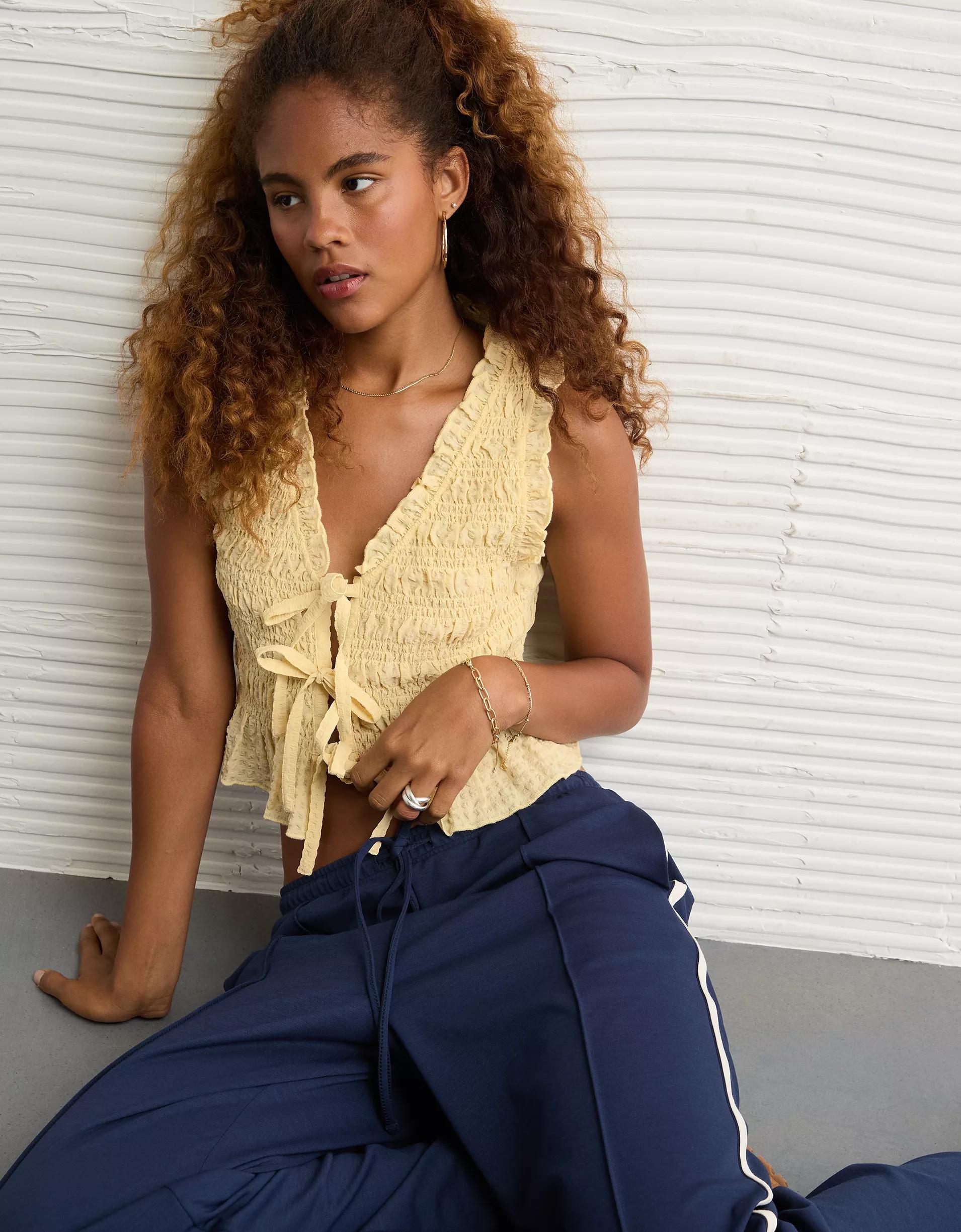 AE Tie-Front Smocked Tank Top Product Image