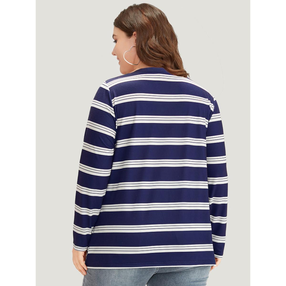 Plus Size Striped Print V Neck T-shirt DarkBlue Women Casual Printed Striped V-neck Dailywear T-shirts BloomChic 12/L Product Image