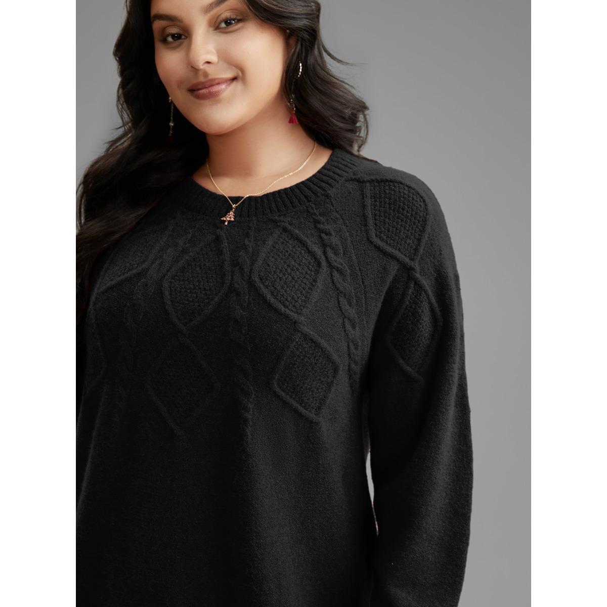 Plus Size Cable Knit Bodice Crew-Neck Pullover Black Women Leisure Loose Long Sleeve Round Neck Casual Pullovers BloomChic 28/5X Product Image