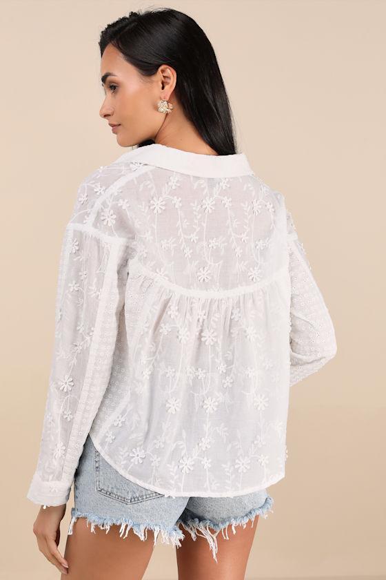 Calrose White 3D Floral Embroidered Long Sleeve Button-Front Top Product Image