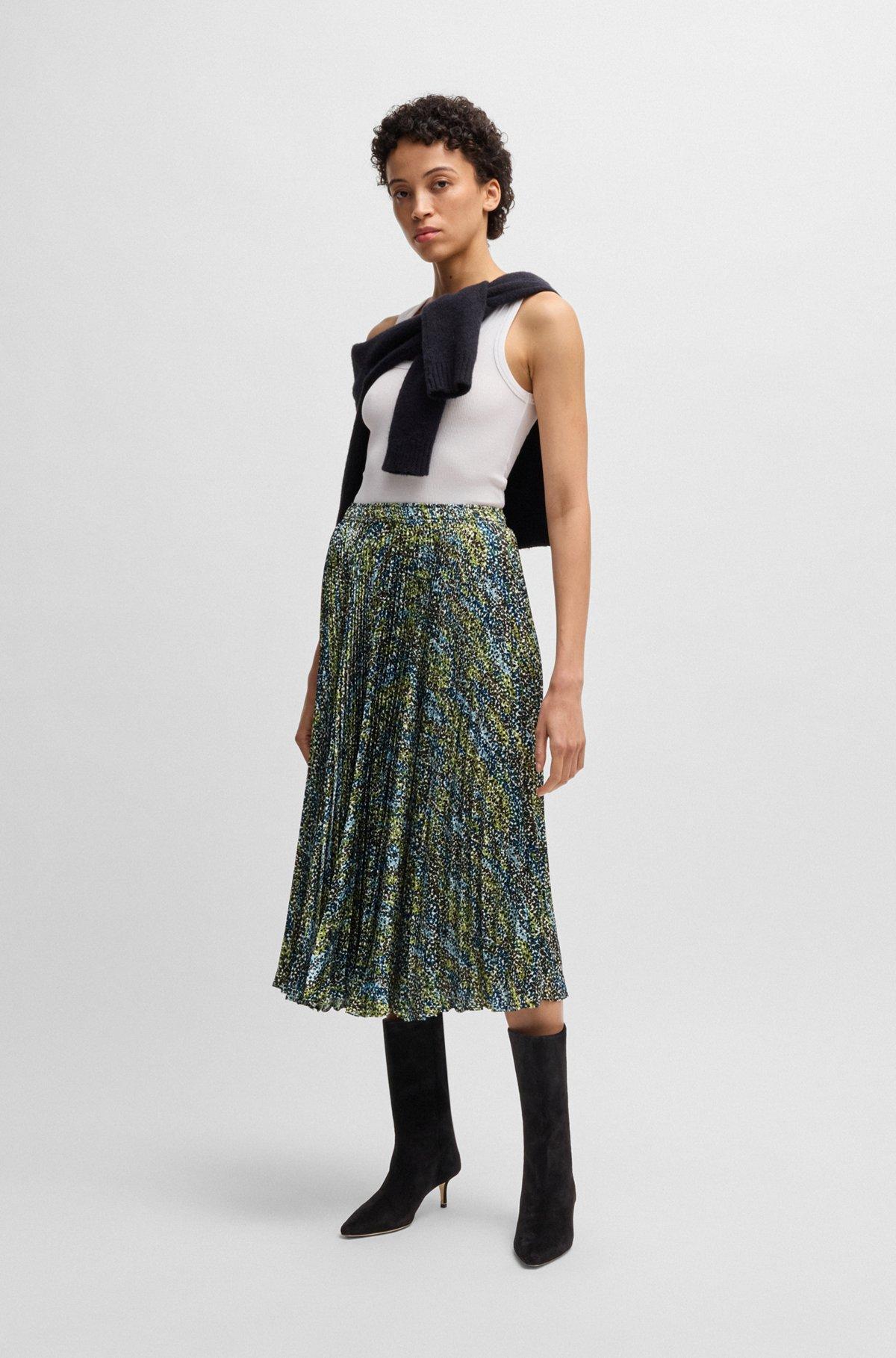 Midi-length skirt in printed plissé satin Product Image