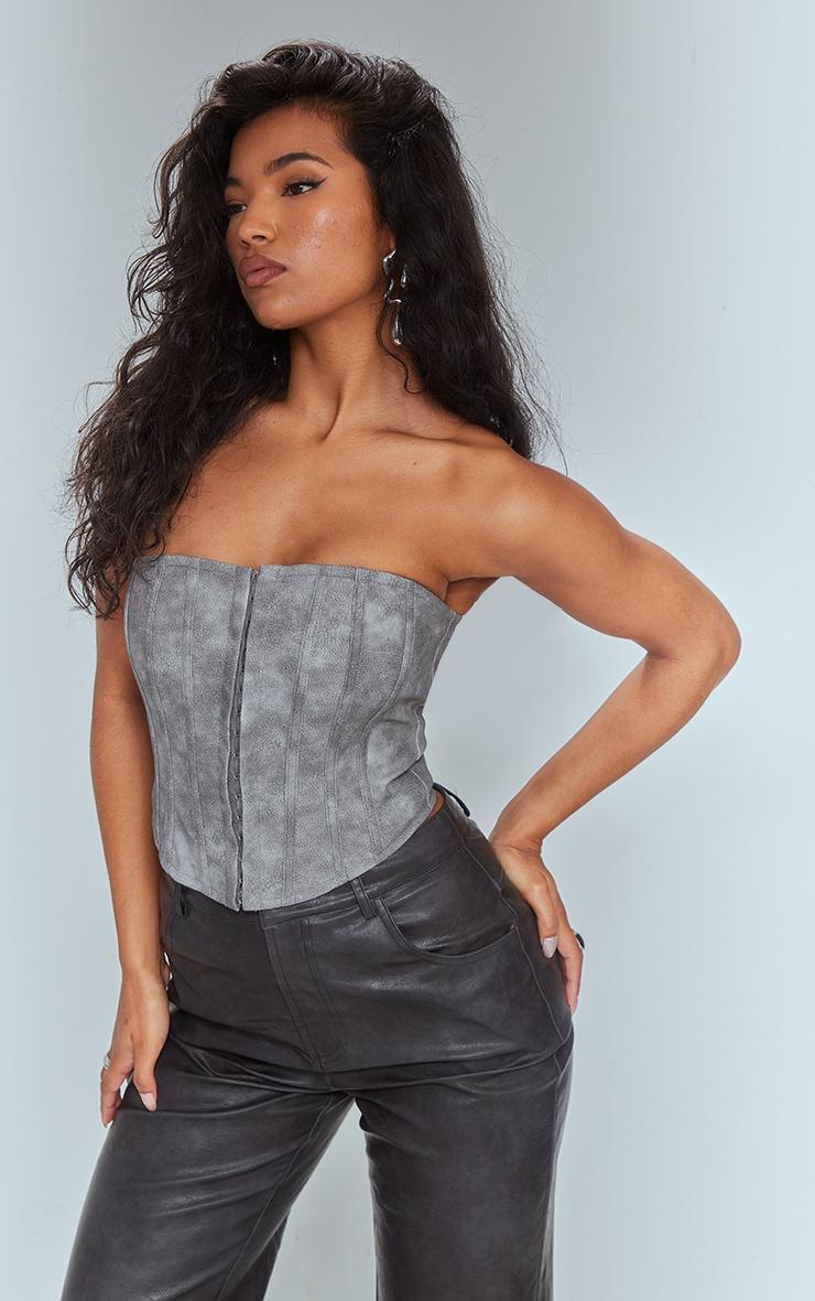 Charcoal Washed Faux Leather Hook And Eye Structured Corset Product Image