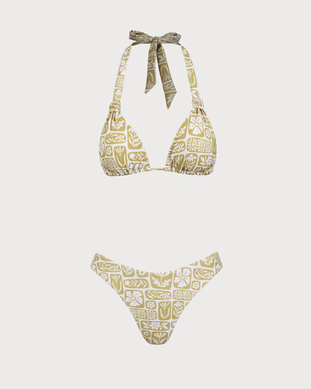 Khaki Knit Geometric Print Bikini Set Product Image