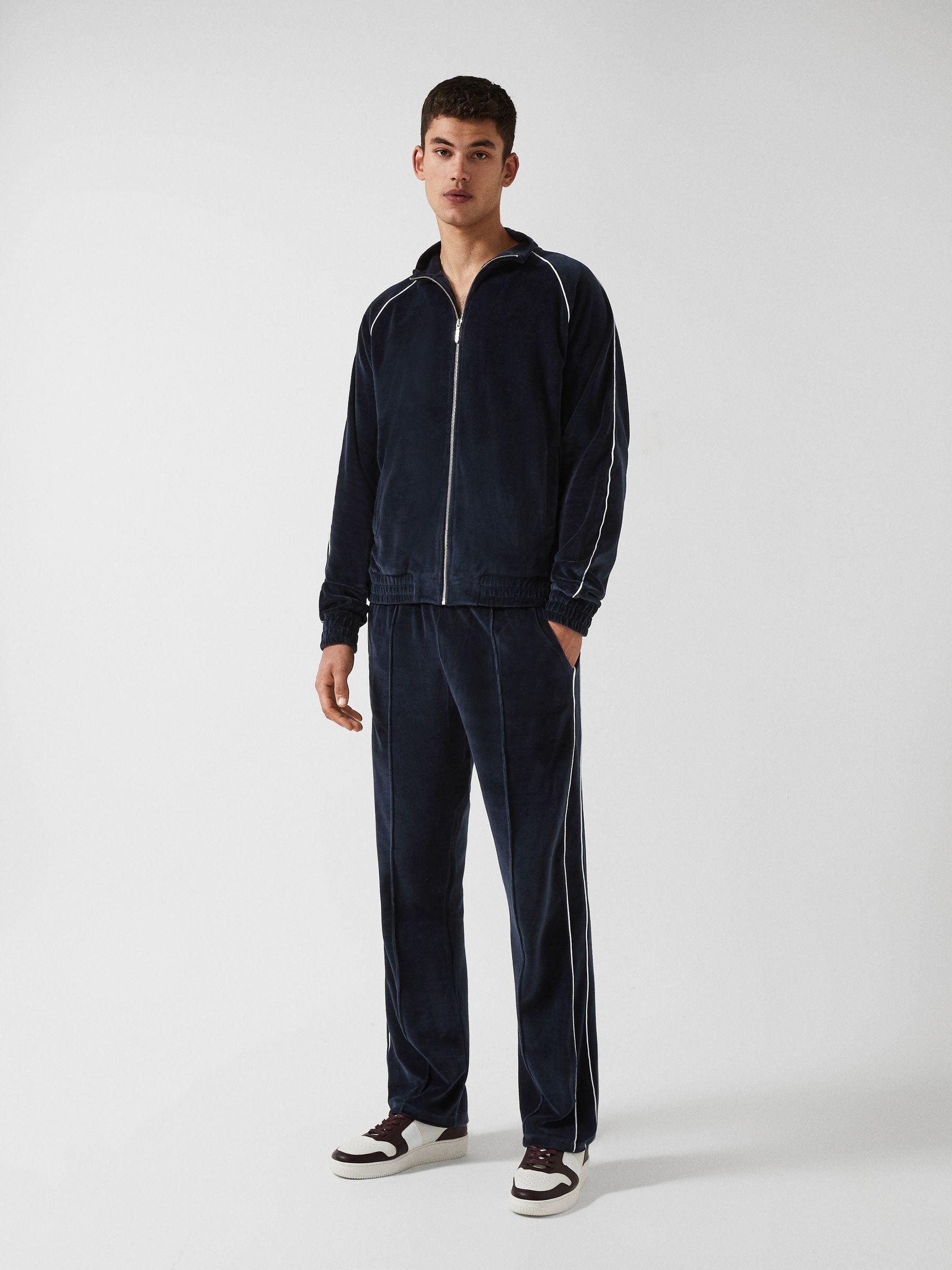 Velour Zip Through Jacket With Piping in Navy Product Image