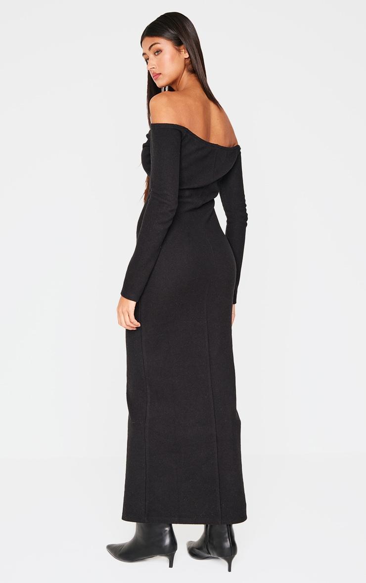  Black Heavy Rib Bardot Long Sleeve Maxi Dress Product Image