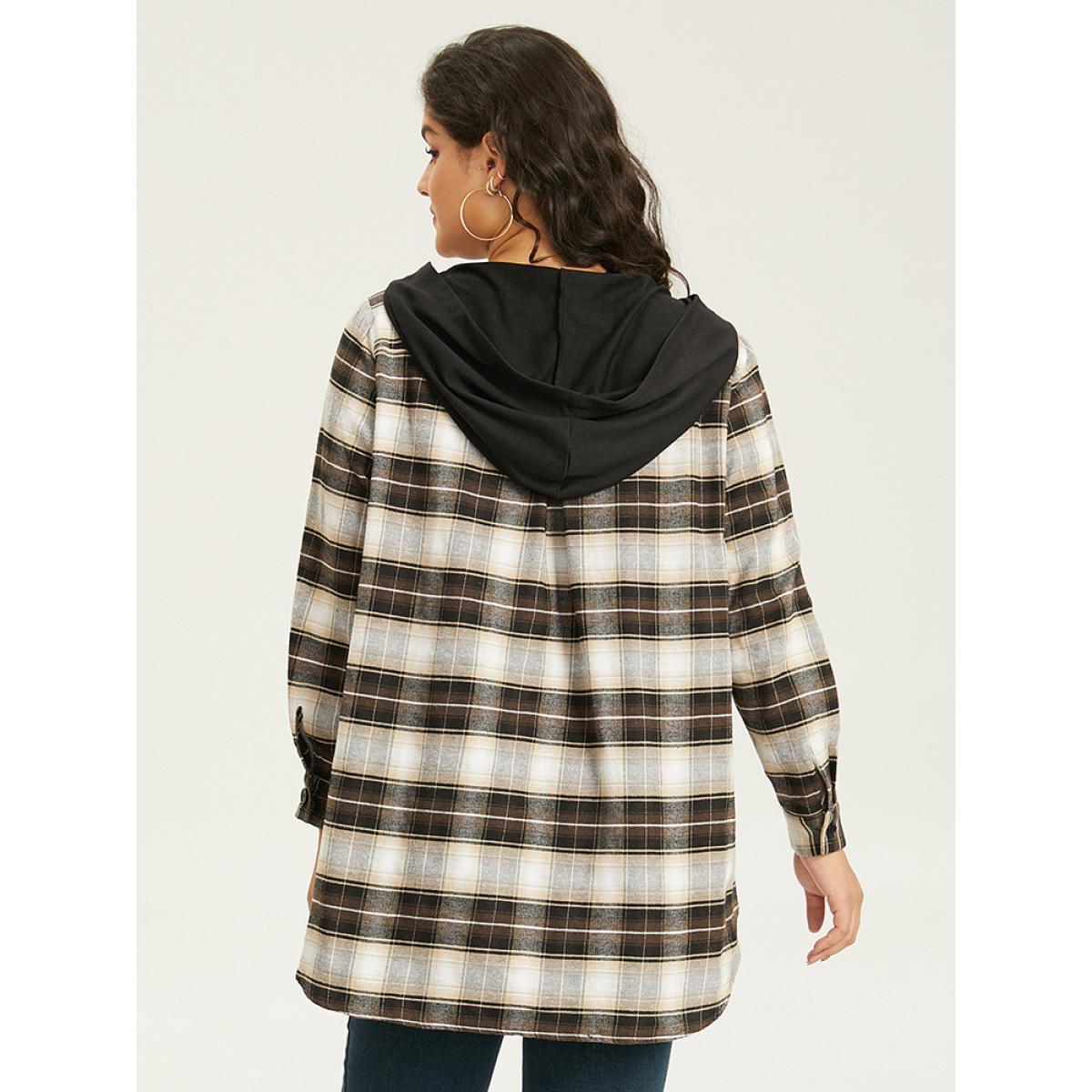 Plus Size Plaid Button Up Hooded Patchwork Shacket Women DarkBrown Contrast Pocket Everyday Jackets BloomChic 14-16/1X Product Image