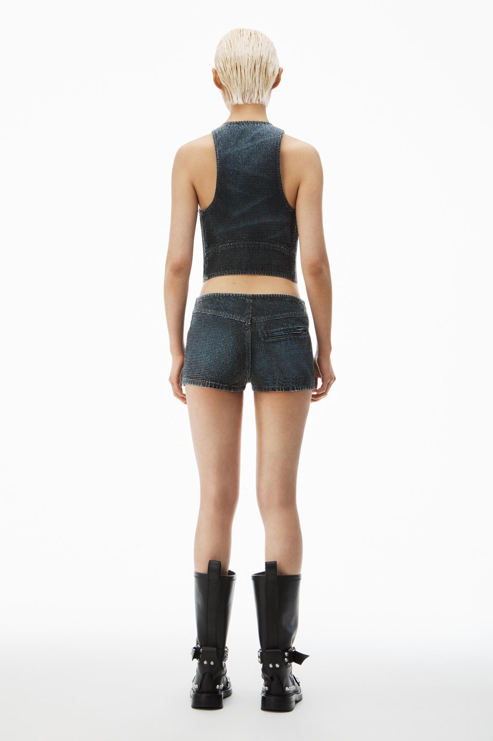 Clear Crystal Hotfix Moto Micro Short In Cotton Denim Product Image