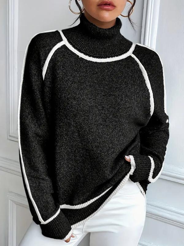 Long Sleeves Loose Contrast Color Split-Joint High Neck Sweater Tops Product Image